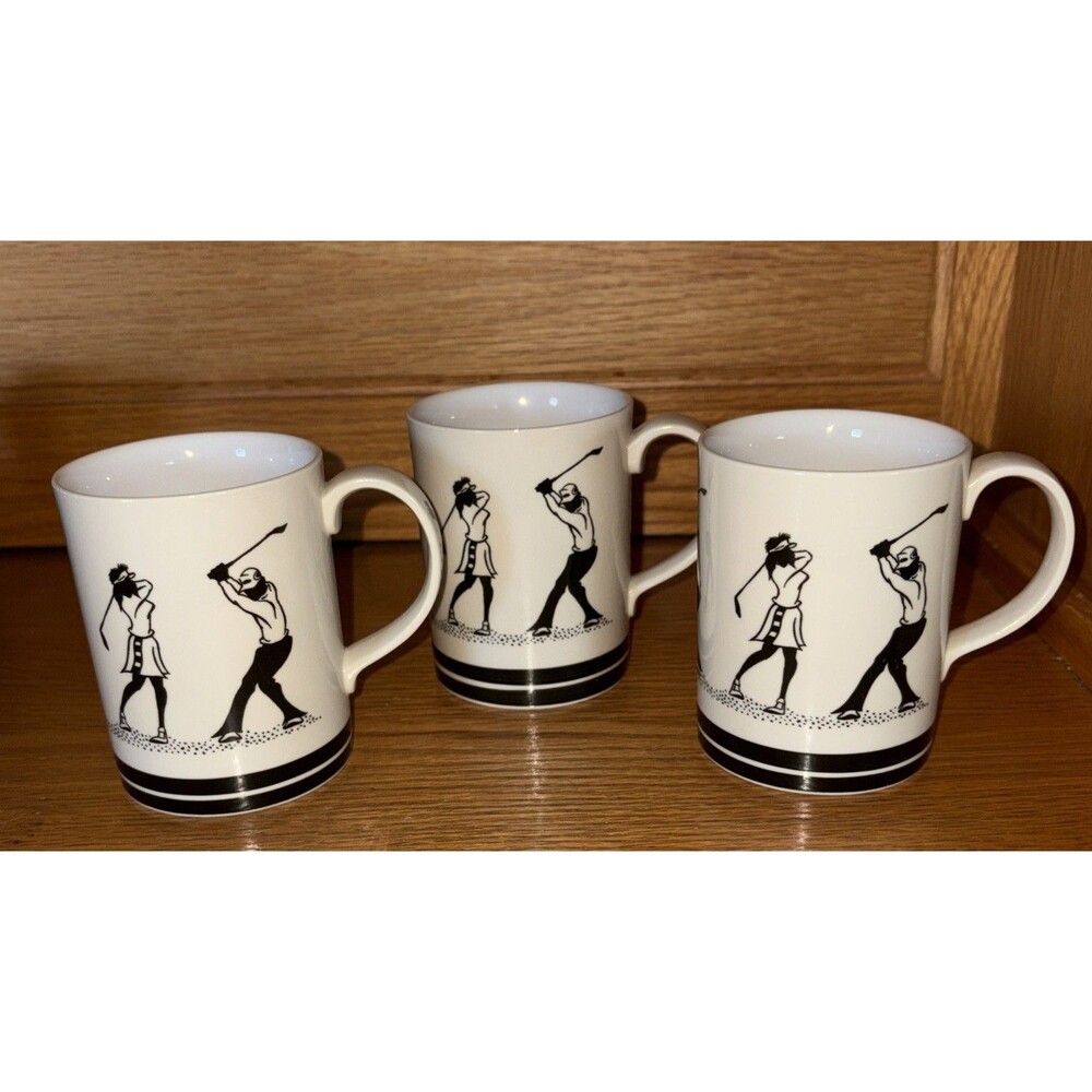 Vtg Lot of 3 Otagiri Japan Golf Stoneware Mugs Mid Century Sports OMC Gold Foil